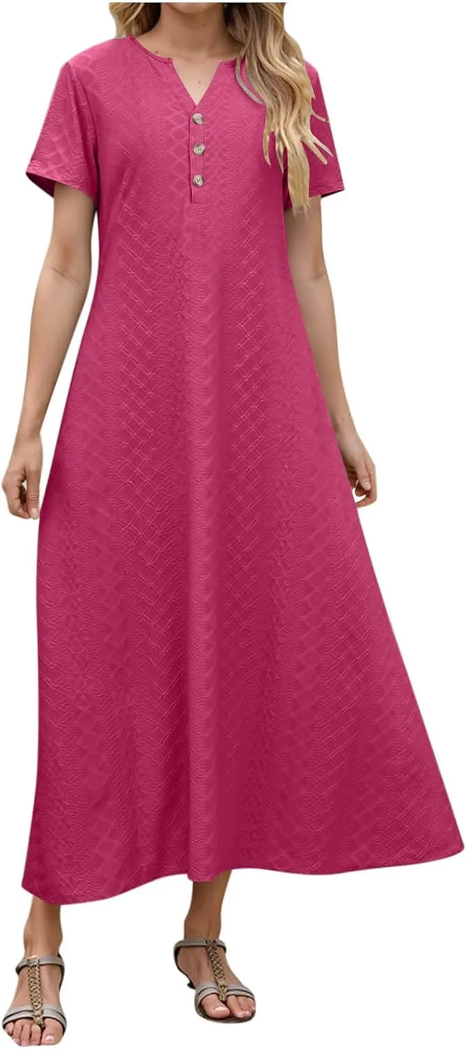 Xiaojmake Womens Short Sleeve V Neck Eyelet Long Maxi Dress Trendy Elegant Button Full Length Casual Crochet Swing Sundresses