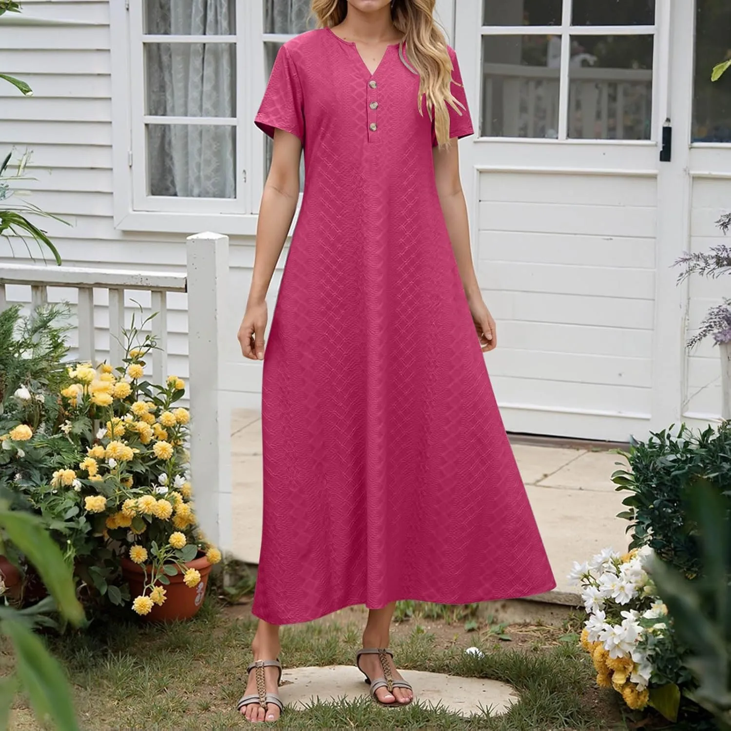 Xiaojmake Womens Short Sleeve V Neck Eyelet Long Maxi Dress Trendy Elegant Button Full Length Casual Crochet Swing Sundresses