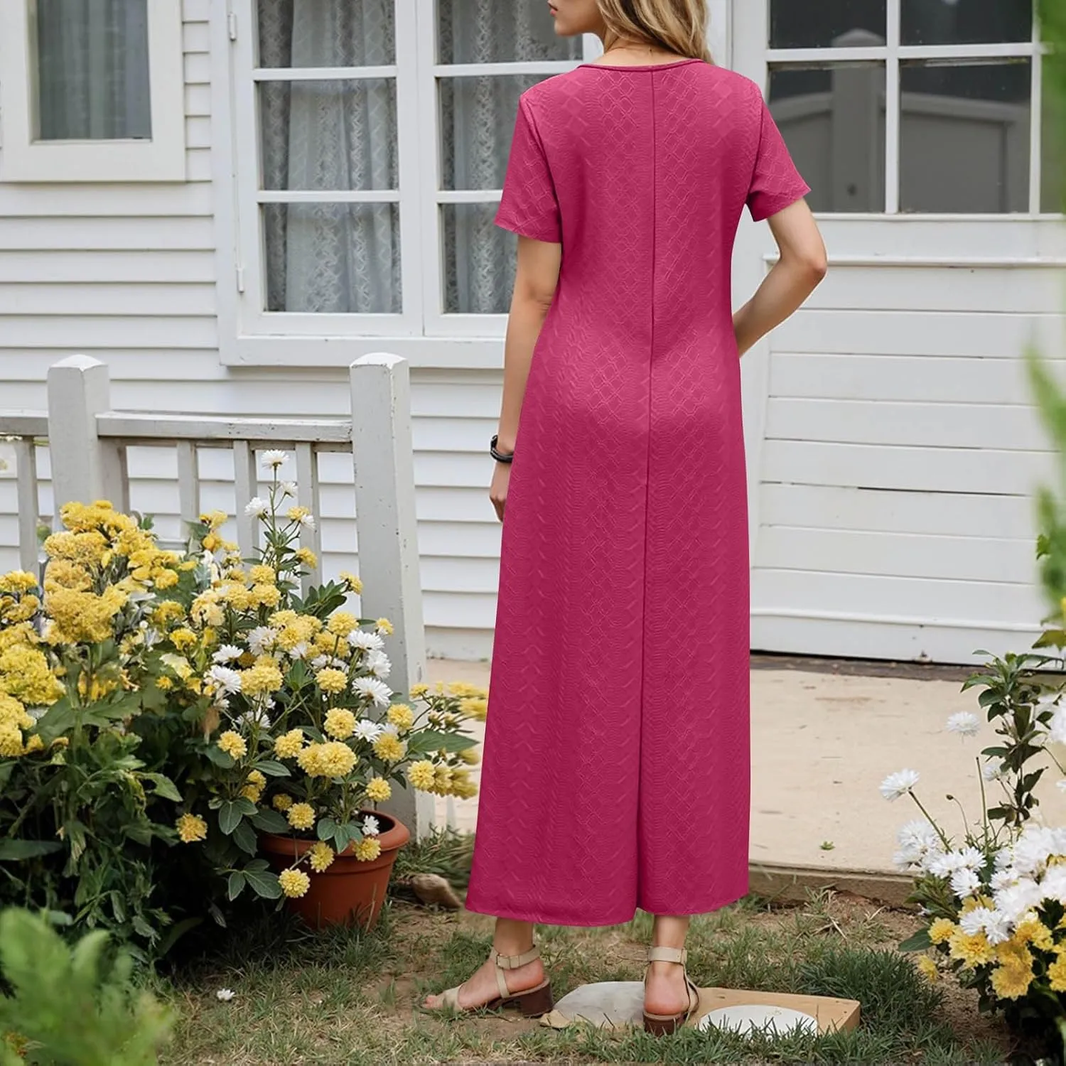 Xiaojmake Womens Short Sleeve V Neck Eyelet Long Maxi Dress Trendy Elegant Button Full Length Casual Crochet Swing Sundresses