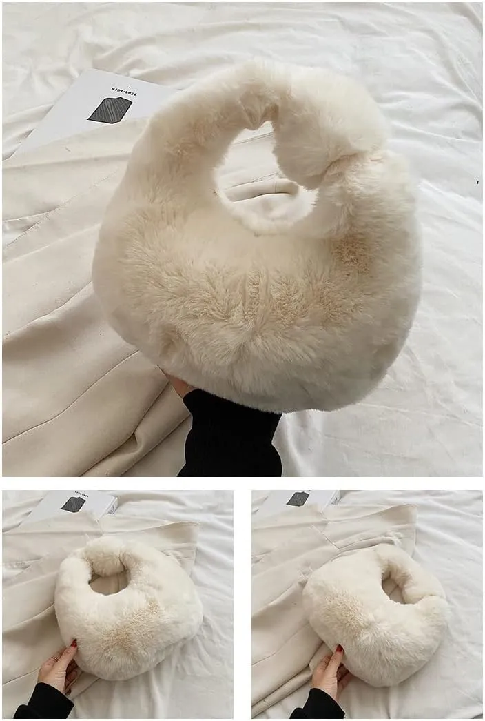 XPONNI Fuzzy Dumpling Bag, Cute Fluffy Bags, Cute Mini Handbags, Faux Fur Bag with Zipper, Soft Knotted Bag
