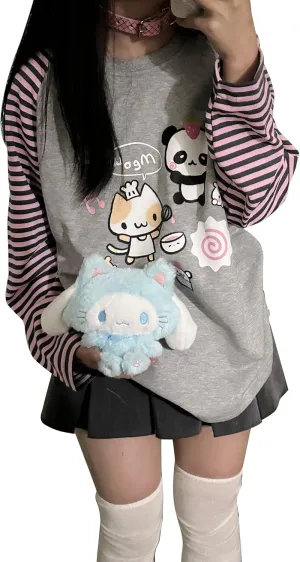 Y2k Cute Sweatshirts for Women Harajuku Kawaii Striped Sweatshirts Cartoon T-shirts