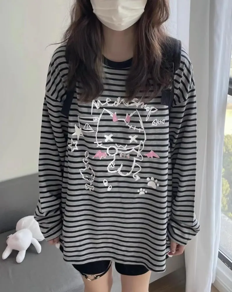 Y2k Cute Sweatshirts for Women Harajuku Kawaii Striped Sweatshirts Cartoon T-shirts