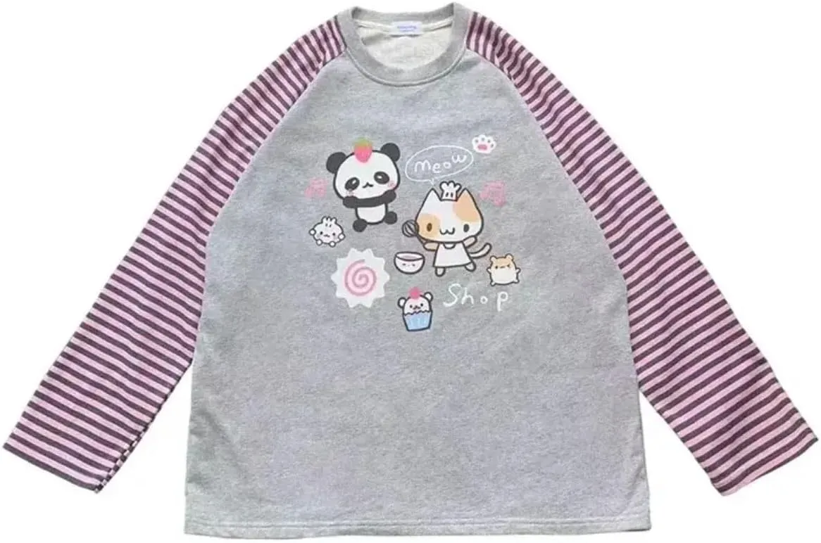 Y2k Cute Sweatshirts for Women Harajuku Kawaii Striped Sweatshirts Cartoon T-shirts