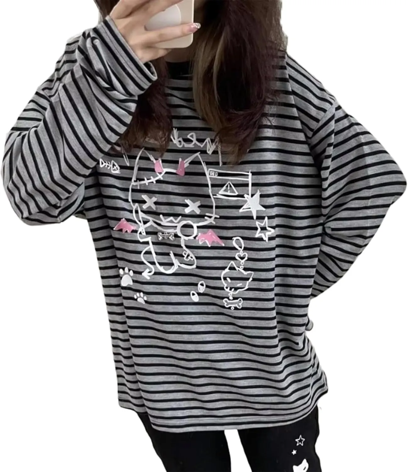 Y2k Cute Sweatshirts for Women Harajuku Kawaii Striped Sweatshirts Cartoon T-shirts