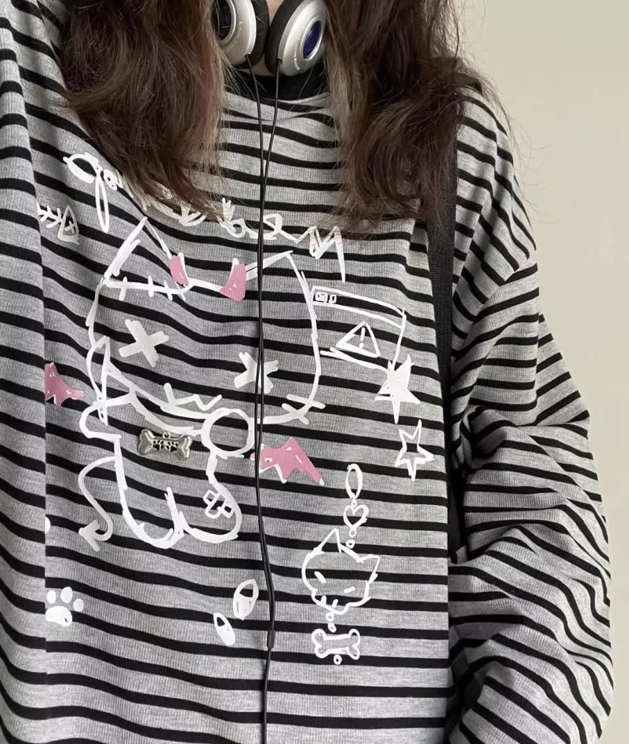 Y2k Cute Sweatshirts for Women Harajuku Kawaii Striped Sweatshirts Cartoon T-shirts