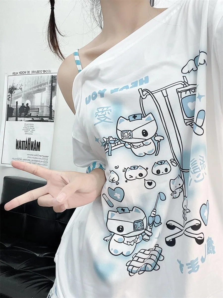 Y2k Harajuku Cartoon Print T Shirts Gothic Women Japanese Fashion Patchwork Off Shoulder T Shirt Kawaii Sweet Tees Tops