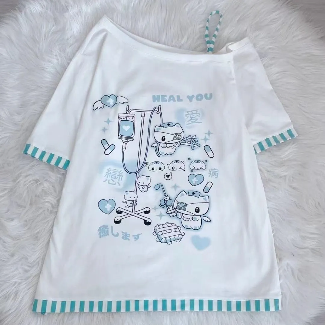Y2k Harajuku Cartoon Print T Shirts Gothic Women Japanese Fashion Patchwork Off Shoulder T Shirt Kawaii Sweet Tees Tops