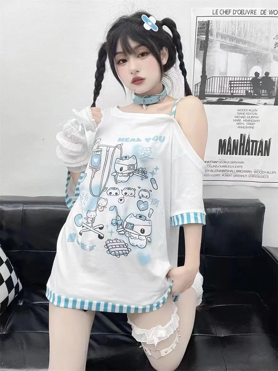 Y2k Harajuku Cartoon Print T Shirts Gothic Women Japanese Fashion Patchwork Off Shoulder T Shirt Kawaii Sweet Tees Tops