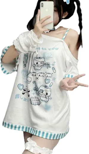 Y2k Harajuku Cartoon Print T Shirts Gothic Women Japanese Fashion Patchwork Off Shoulder T Shirt Kawaii Sweet Tees Tops