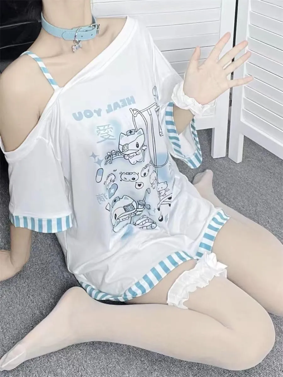 Y2k Harajuku Cartoon Print T Shirts Gothic Women Japanese Fashion Patchwork Off Shoulder T Shirt Kawaii Sweet Tees Tops