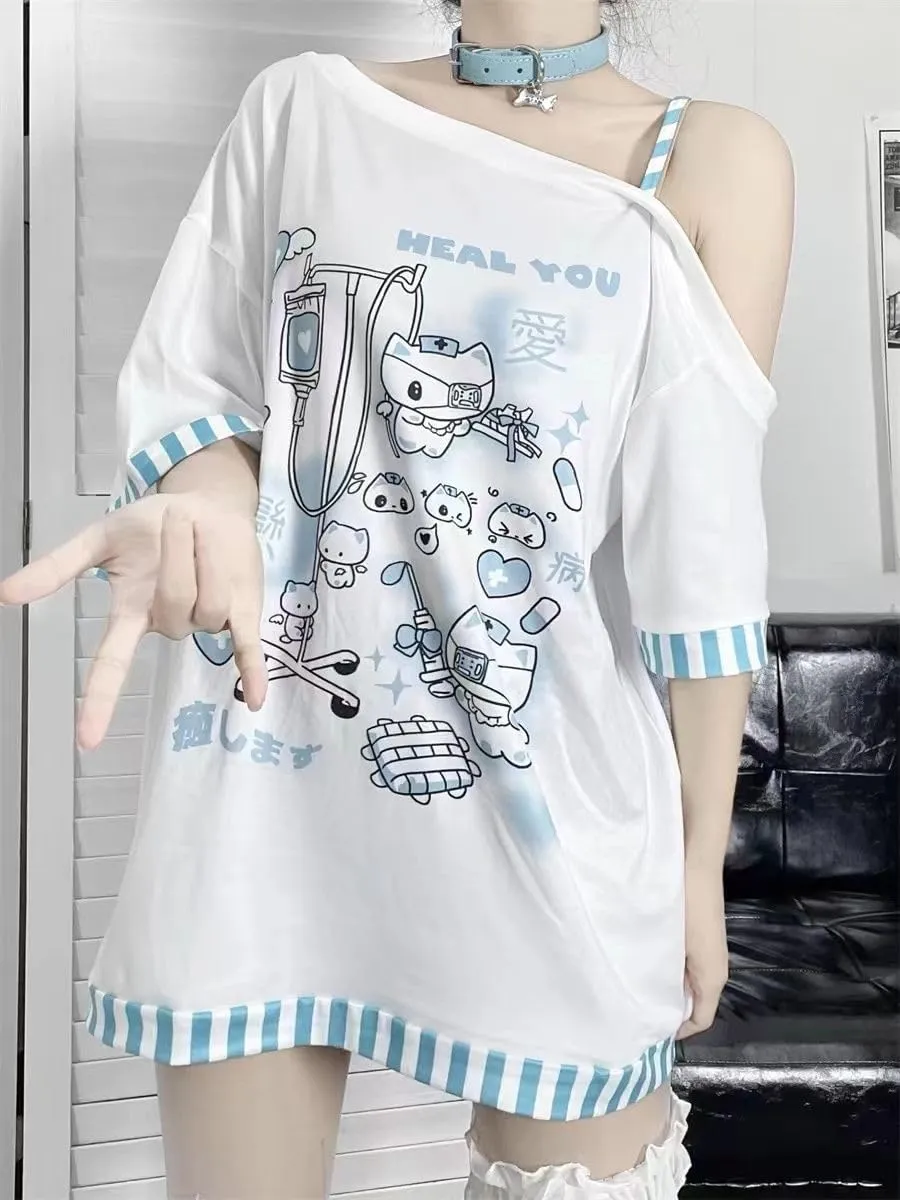 Y2k Harajuku Cartoon Print T Shirts Gothic Women Japanese Fashion Patchwork Off Shoulder T Shirt Kawaii Sweet Tees Tops