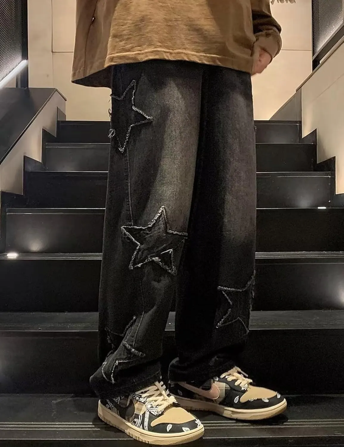 Y2k Star Jeans Men Graphic Baggy Jeans Emo Star Pants Grunge Patchwork Pants Streetwear