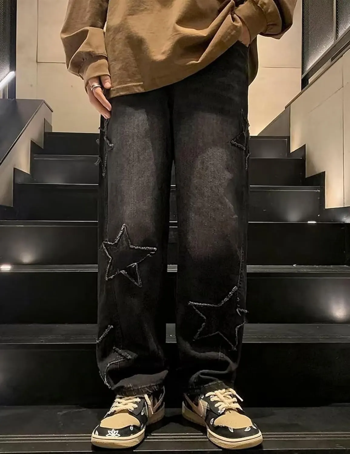 Y2k Star Jeans Men Graphic Baggy Jeans Emo Star Pants Grunge Patchwork Pants Streetwear