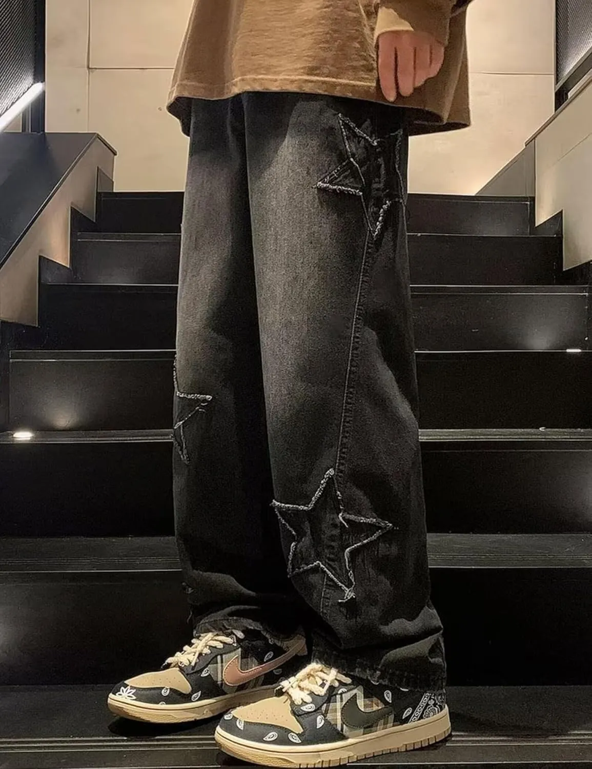 Y2k Star Jeans Men Graphic Baggy Jeans Emo Star Pants Grunge Patchwork Pants Streetwear