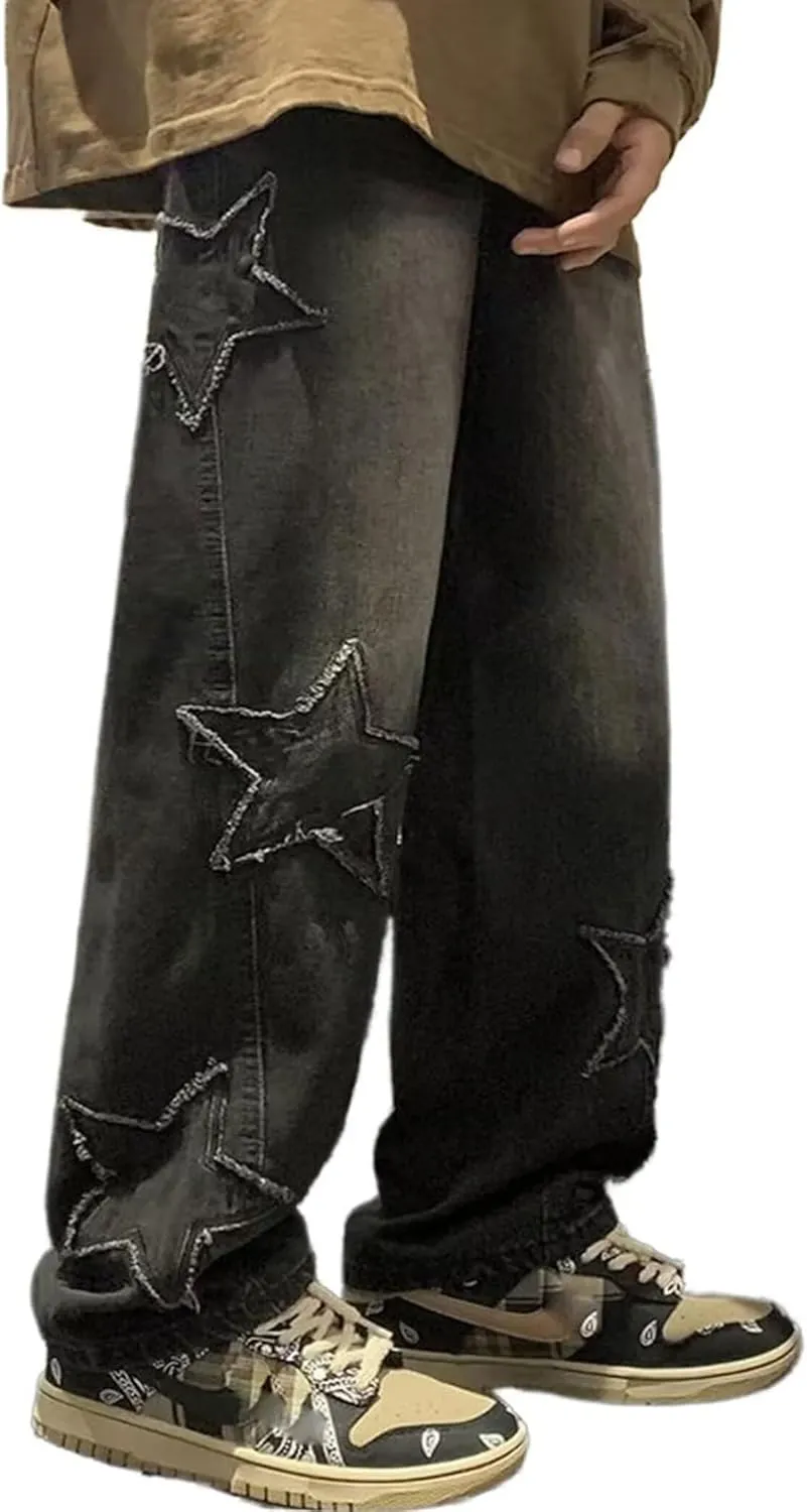 Y2k Star Jeans Men Graphic Baggy Jeans Emo Star Pants Grunge Patchwork Pants Streetwear