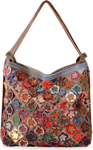 YALUXE Women's Colorful Shoulder Bags Genuine Cow Leather Floral Handbags Purses Patchwork Design Large Capacity