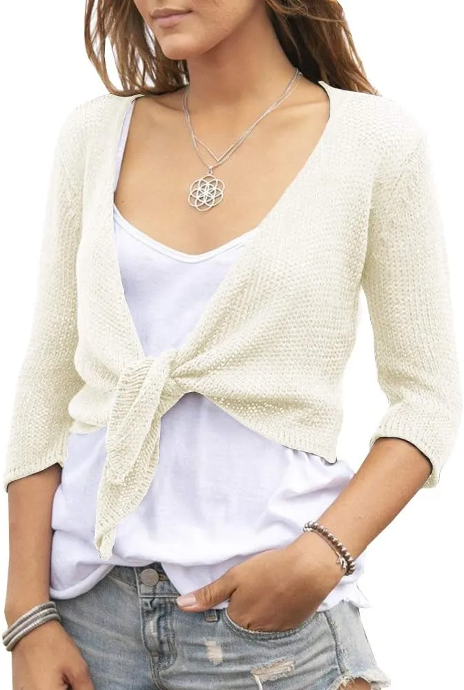 YeMgSiP Women's Tie Front Shrug 3/4 Sleeve Bolero Sheer Knotted Lightweight Cardigan Sweaters Short Shawl Tops