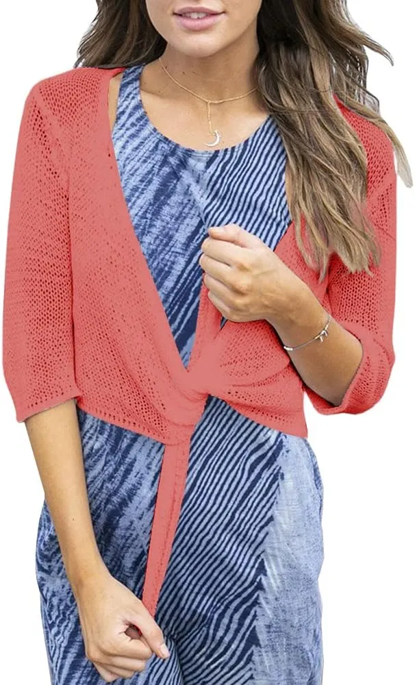 YeMgSiP Women's Tie Front Shrug 3/4 Sleeve Bolero Sheer Knotted Lightweight Cardigan Sweaters Short Shawl Tops