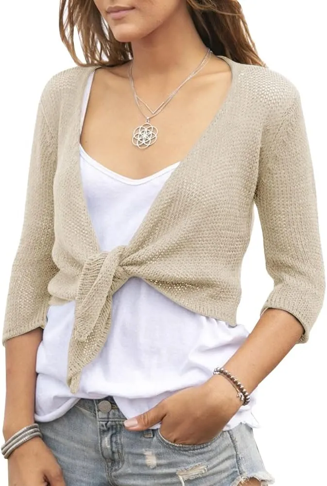 YeMgSiP Women's Tie Front Shrug 3/4 Sleeve Bolero Sheer Knotted Lightweight Cardigan Sweaters Short Shawl Tops