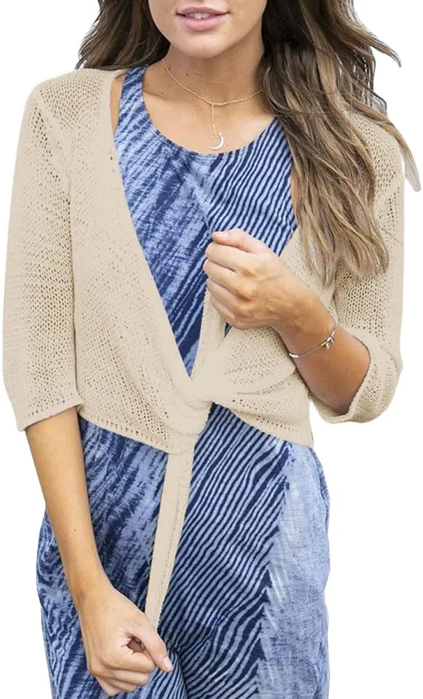 YeMgSiP Women's Tie Front Shrug 3/4 Sleeve Bolero Sheer Knotted Lightweight Cardigan Sweaters Short Shawl Tops