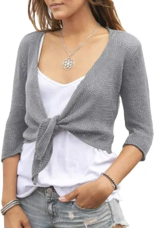 YeMgSiP Women's Tie Front Shrug 3/4 Sleeve Bolero Sheer Knotted Lightweight Cardigan Sweaters Short Shawl Tops