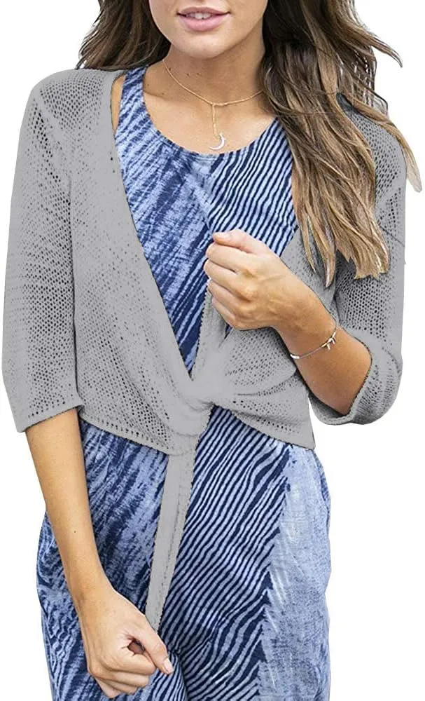 YeMgSiP Women's Tie Front Shrug 3/4 Sleeve Bolero Sheer Knotted Lightweight Cardigan Sweaters Short Shawl Tops