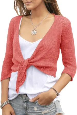 YeMgSiP Women's Tie Front Shrug 3/4 Sleeve Bolero Sheer Knotted Lightweight Cardigan Sweaters Short Shawl Tops