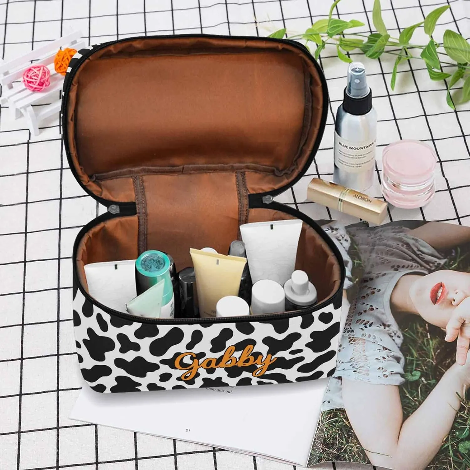 YESCUSTOM Personalized Makeup Bag Cosmetic Bag for Women Cosmetic Travel Makeup Bag, Cow Print Large Travel Toiletry Bag for Girls Make Up Bag Brush Bags Reusable Toiletry Bag