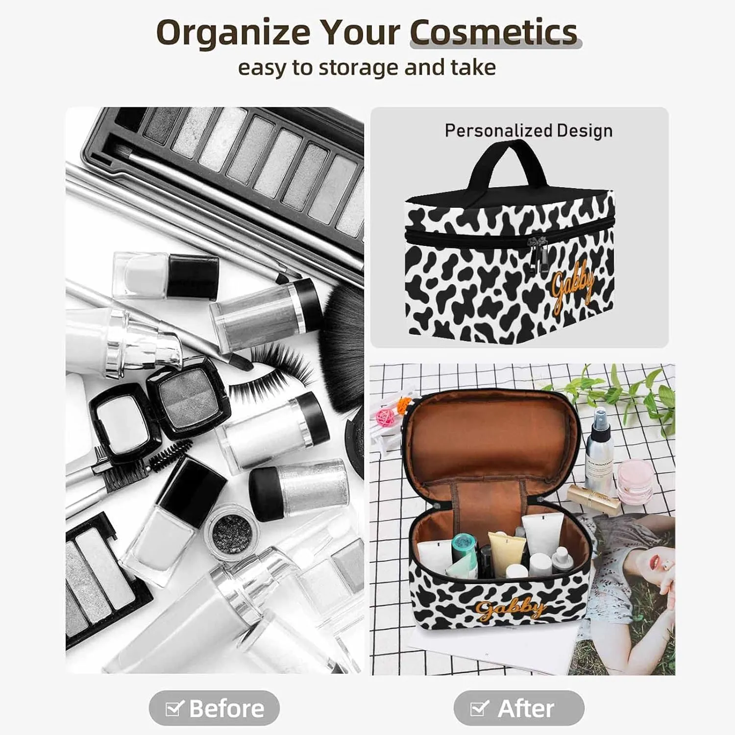 YESCUSTOM Personalized Makeup Bag Cosmetic Bag for Women Cosmetic Travel Makeup Bag, Cow Print Large Travel Toiletry Bag for Girls Make Up Bag Brush Bags Reusable Toiletry Bag