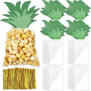 Yexiya 100 Set Pineapple Party Favors Bags Hawaiian Pineapple Cello Bags with Twist Ties and Cards Luau Candy Cellophane Treat Bags for Cookies Candies Summer Hawaiian Holiday for Kids and Adults