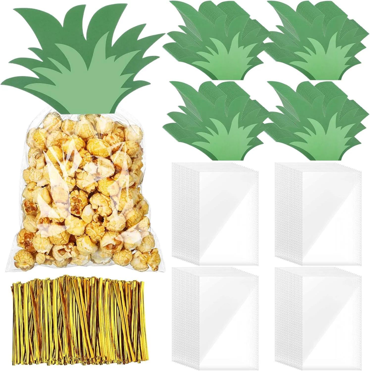 Yexiya 100 Set Pineapple Party Favors Bags Hawaiian Pineapple Cello Bags with Twist Ties and Cards Luau Candy Cellophane Treat Bags for Cookies Candies Summer Hawaiian Holiday for Kids and Adults