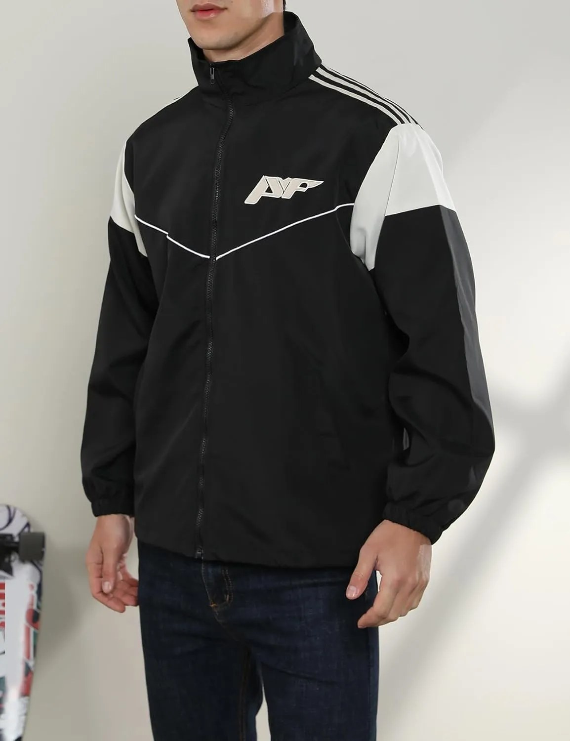 Yimoon Men's Lightweight Windbreaker Jacket Casual Zip Up Outdoor Varsity Jacket Patchwork Vintage Y2K Outerwear