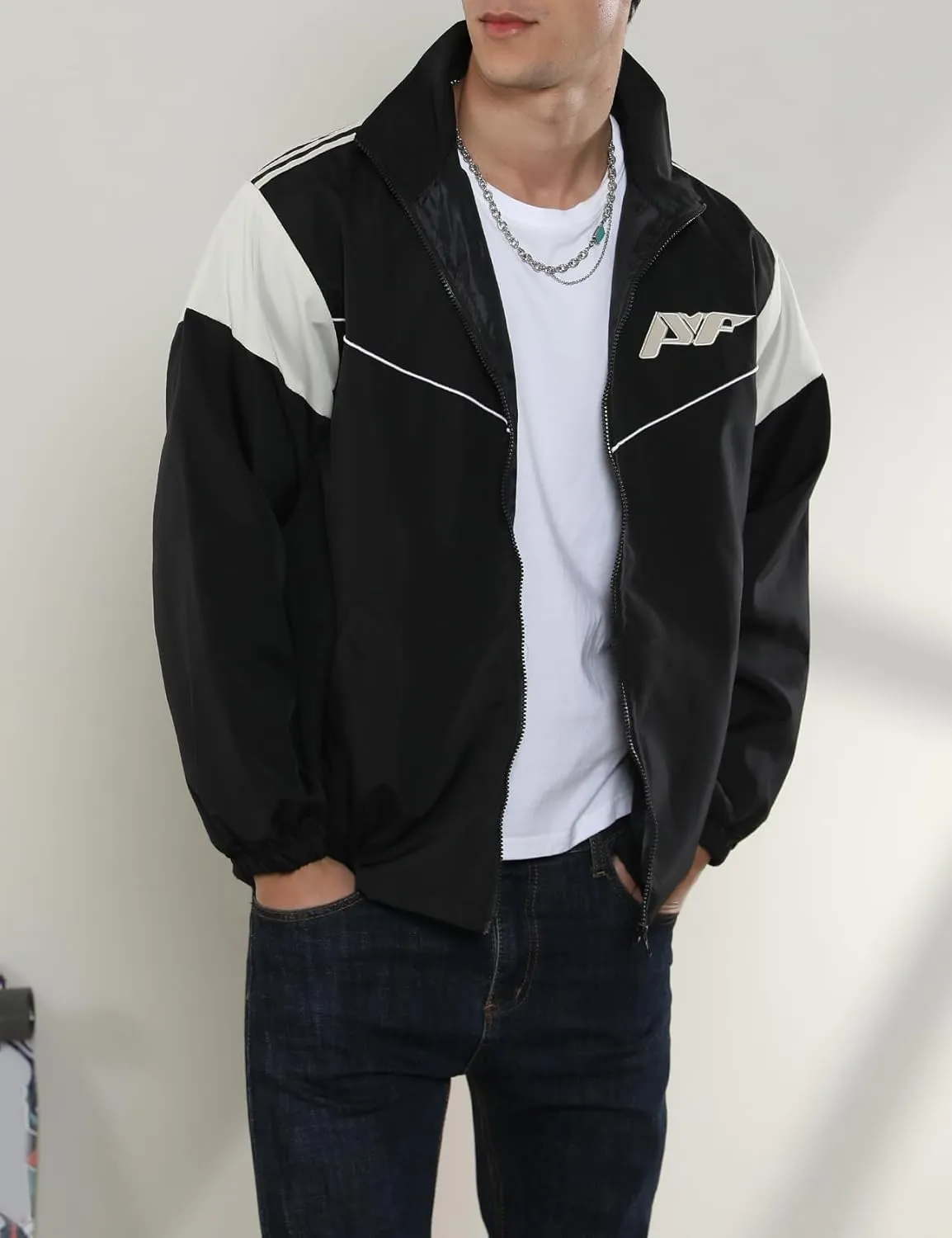 Yimoon Men's Lightweight Windbreaker Jacket Casual Zip Up Outdoor Varsity Jacket Patchwork Vintage Y2K Outerwear