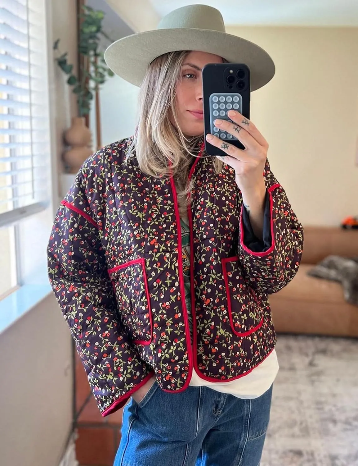 Yimoon Women's Cropped Puffer Quilted Jacket Vintage Floral Print Open Front Lightweight Short Jacket Outwear
