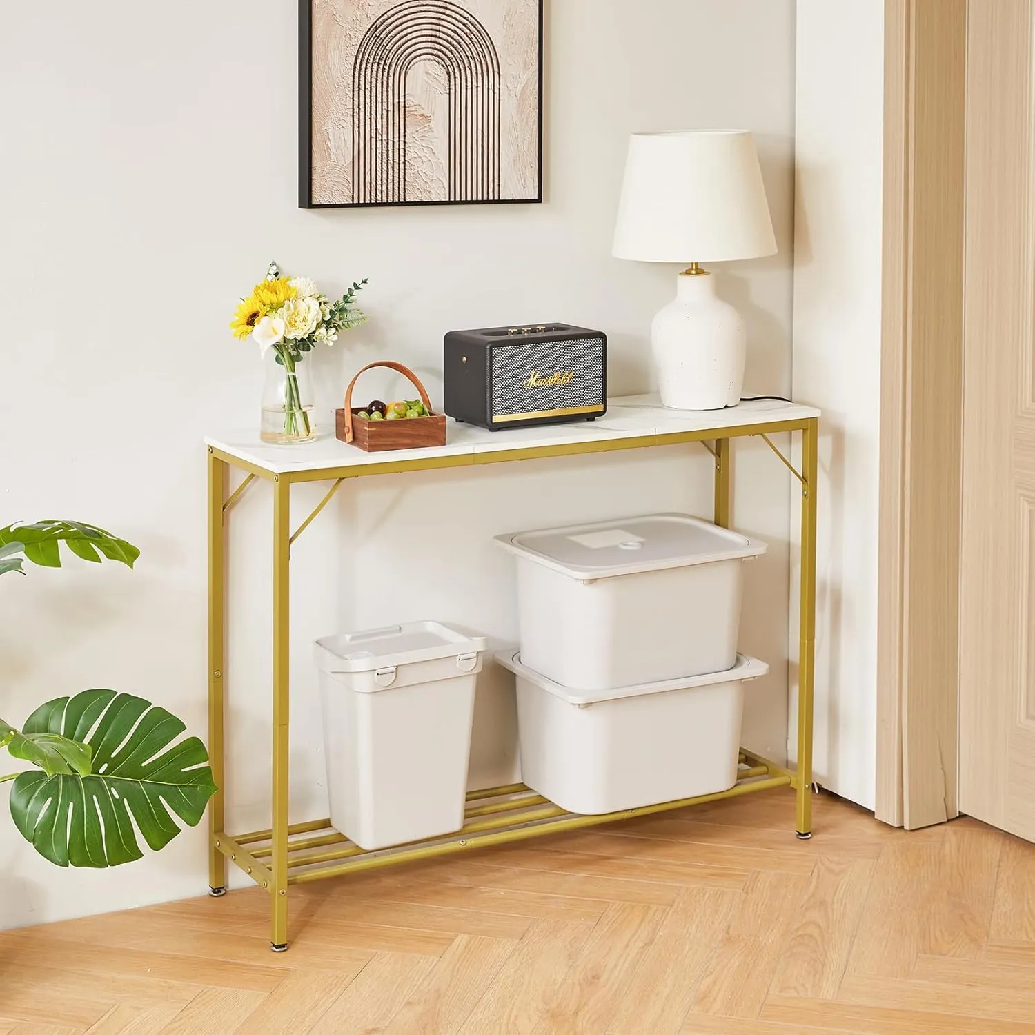 YMYNY 42.1" L Console Table, Industrial entryway Table, Narrow Sofa Table with Shelves, Entrance Table for Entryway, Hallway, Living Room, Foyer, Corridor, Office, Gold & White UHST006W