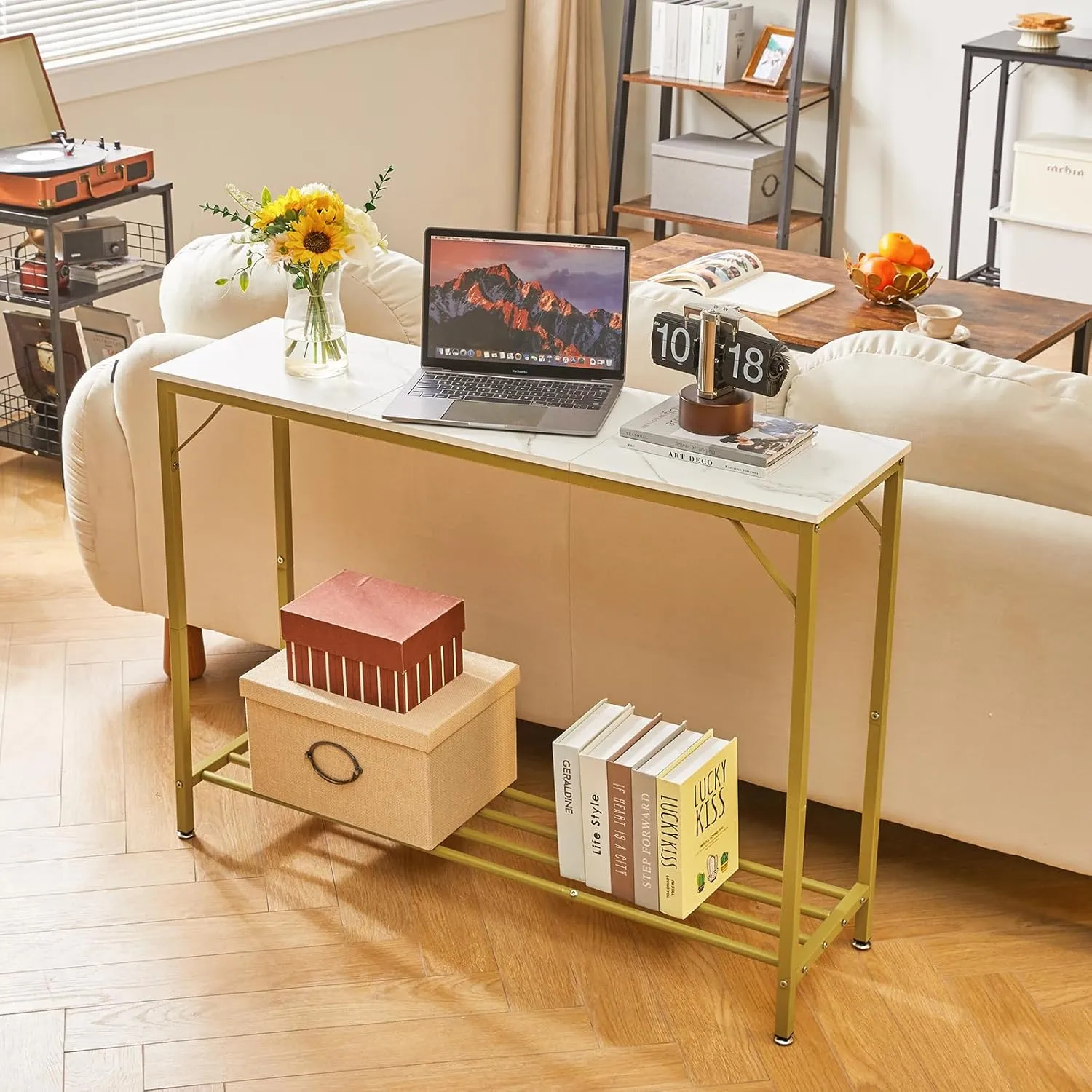 YMYNY 42.1" L Console Table, Industrial entryway Table, Narrow Sofa Table with Shelves, Entrance Table for Entryway, Hallway, Living Room, Foyer, Corridor, Office, Gold & White UHST006W