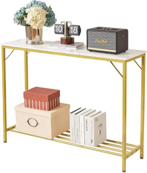 YMYNY 42.1" L Console Table, Industrial entryway Table, Narrow Sofa Table with Shelves, Entrance Table for Entryway, Hallway, Living Room, Foyer, Corridor, Office, Gold & White UHST006W