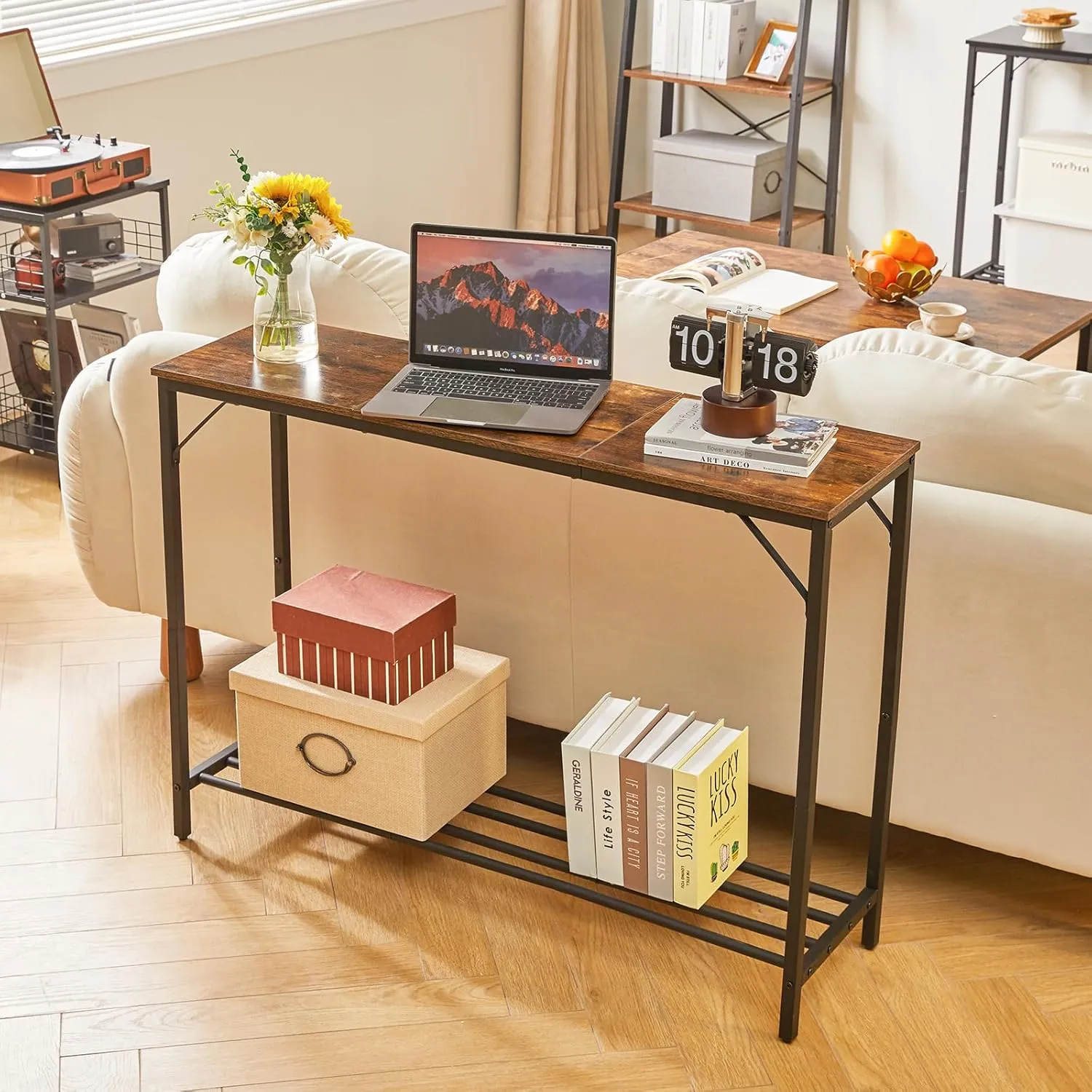 YMYNY 42.1" L Console Table, Industrial entryway Table, Narrow Sofa Table with Shelves, Entrance Table for Entryway, Hallway, Living Room, Foyer, Corridor, Office, Rustic Brown UHST006H