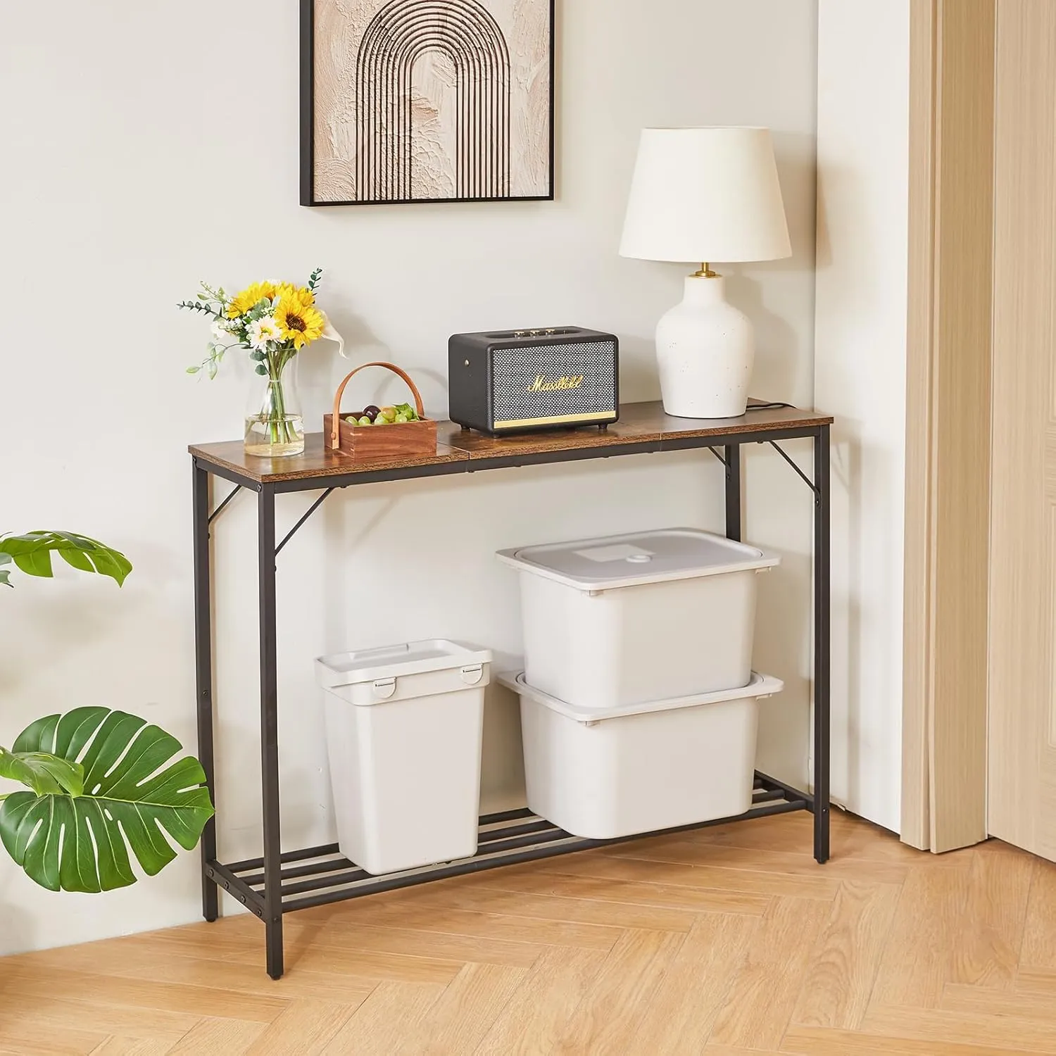 YMYNY 42.1" L Console Table, Industrial entryway Table, Narrow Sofa Table with Shelves, Entrance Table for Entryway, Hallway, Living Room, Foyer, Corridor, Office, Rustic Brown UHST006H