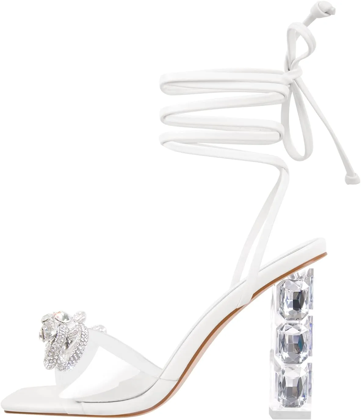 Yolkomo Women's Clear Rhinestone Bow Heels Lace Up