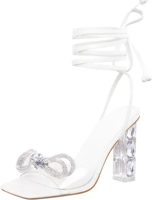 Yolkomo Women's Clear Rhinestone Bow Heels Lace Up