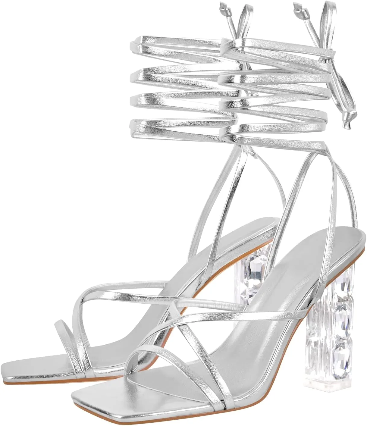Yolkomo Women's Clear Rhinestone Bow Heels Lace Up
