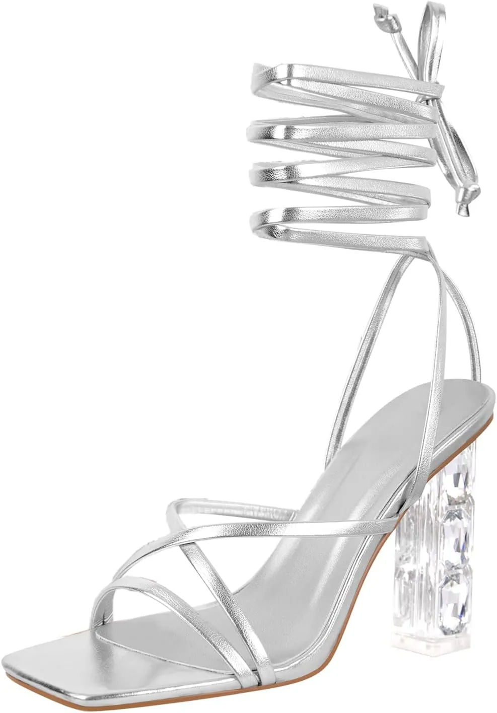 Yolkomo Women's Clear Rhinestone Bow Heels Lace Up