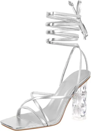 Yolkomo Women's Clear Rhinestone Bow Heels Lace Up