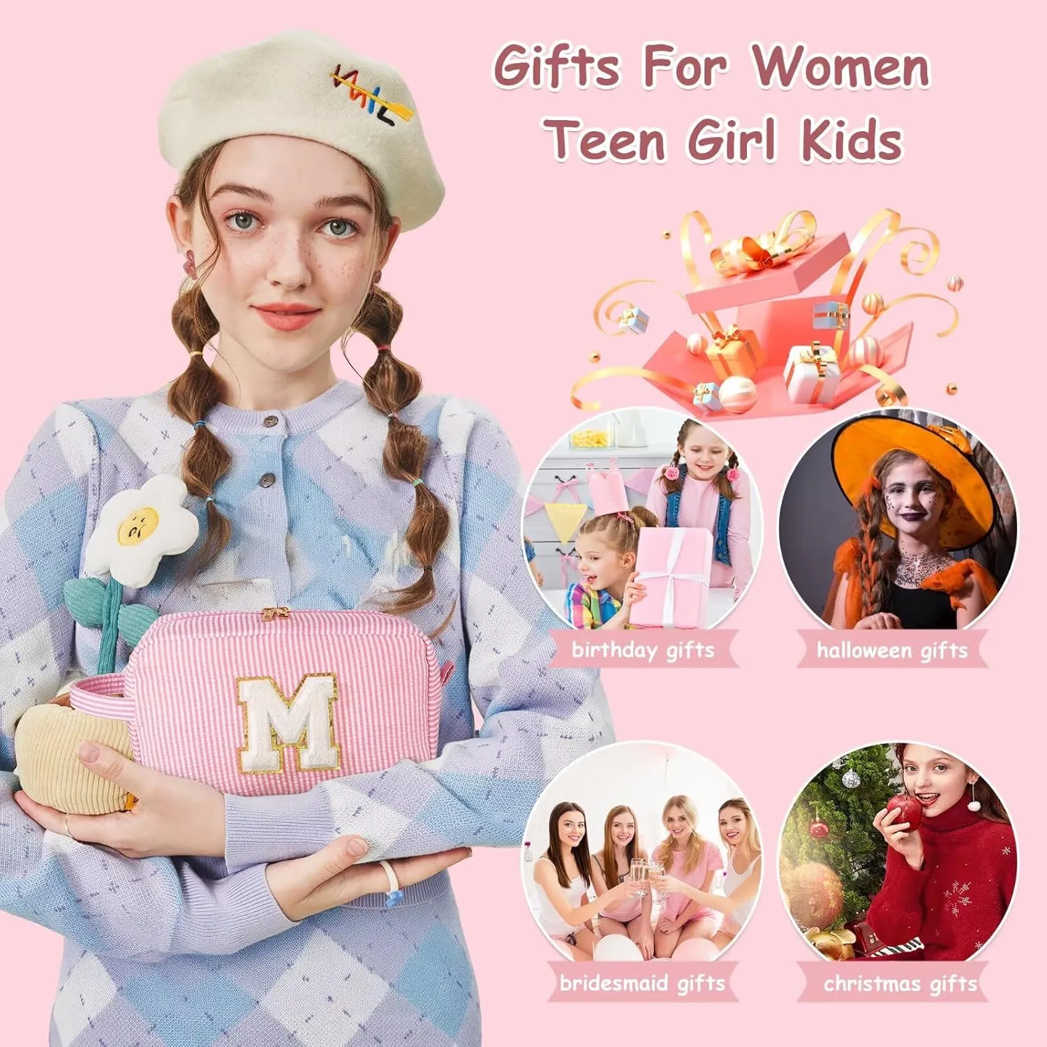 YOOLIFE Birthday Gifts for Women Teen Girls Daughter Sister Friend, Initial Makeup Bag Toiletry Bag Cosmetic Bag, Pink A