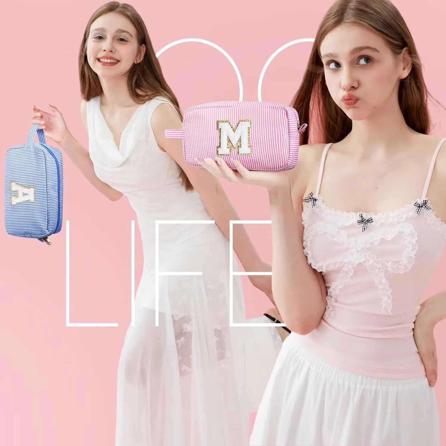 YOOLIFE Birthday Gifts for Women Teen Girls Daughter Sister Friend, Initial Makeup Bag Toiletry Bag Cosmetic Bag, Pink A