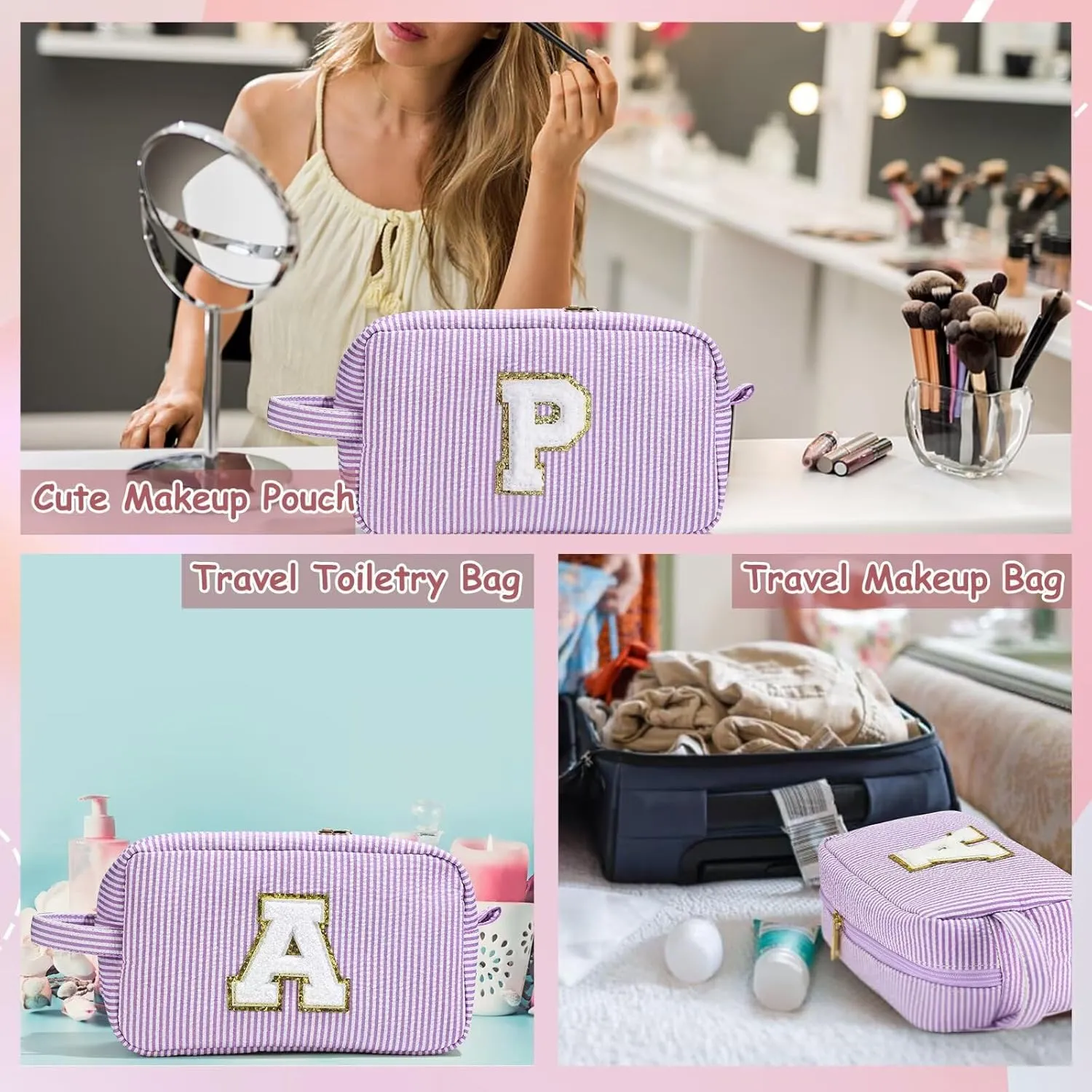 YOOLIFE Initial Makeup Bag - Personalized Monogram Cute Makeup Bag Cosmetic Travel Toiletry Pouch Make Up Case for Women Mom Best Friend Friendship Sister Teacher, Birthday Gifts for Women Her H