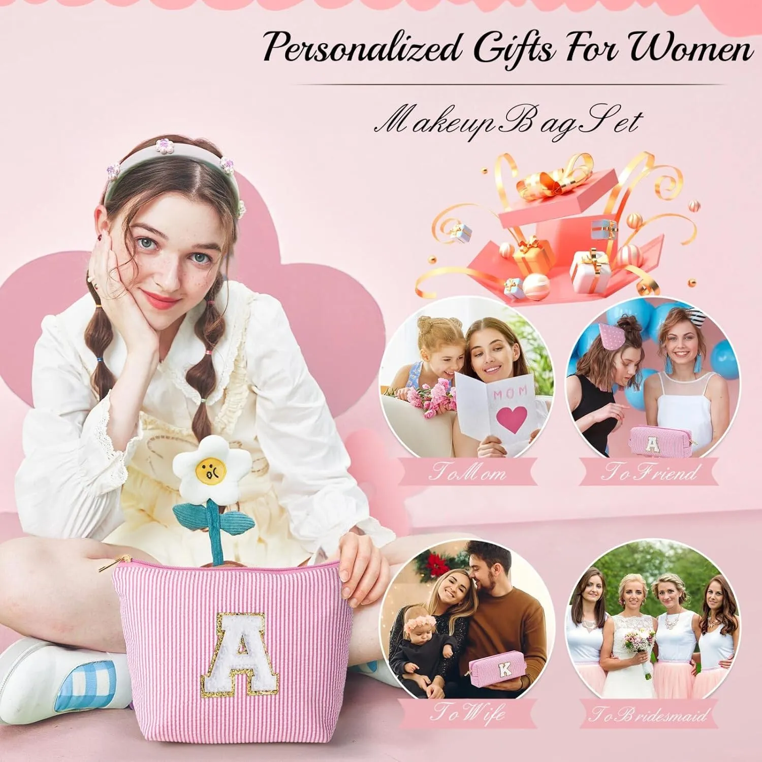 YOOLIFE Personalized Gifts for Women, Cute Travel Makeup Bag Daughter Niece Gifts Cosmetic Bag Skin Care Bag Sister Wife Friend Teacher Engagement Wedding Gifts for Women Mothers Day Thank You Gift P