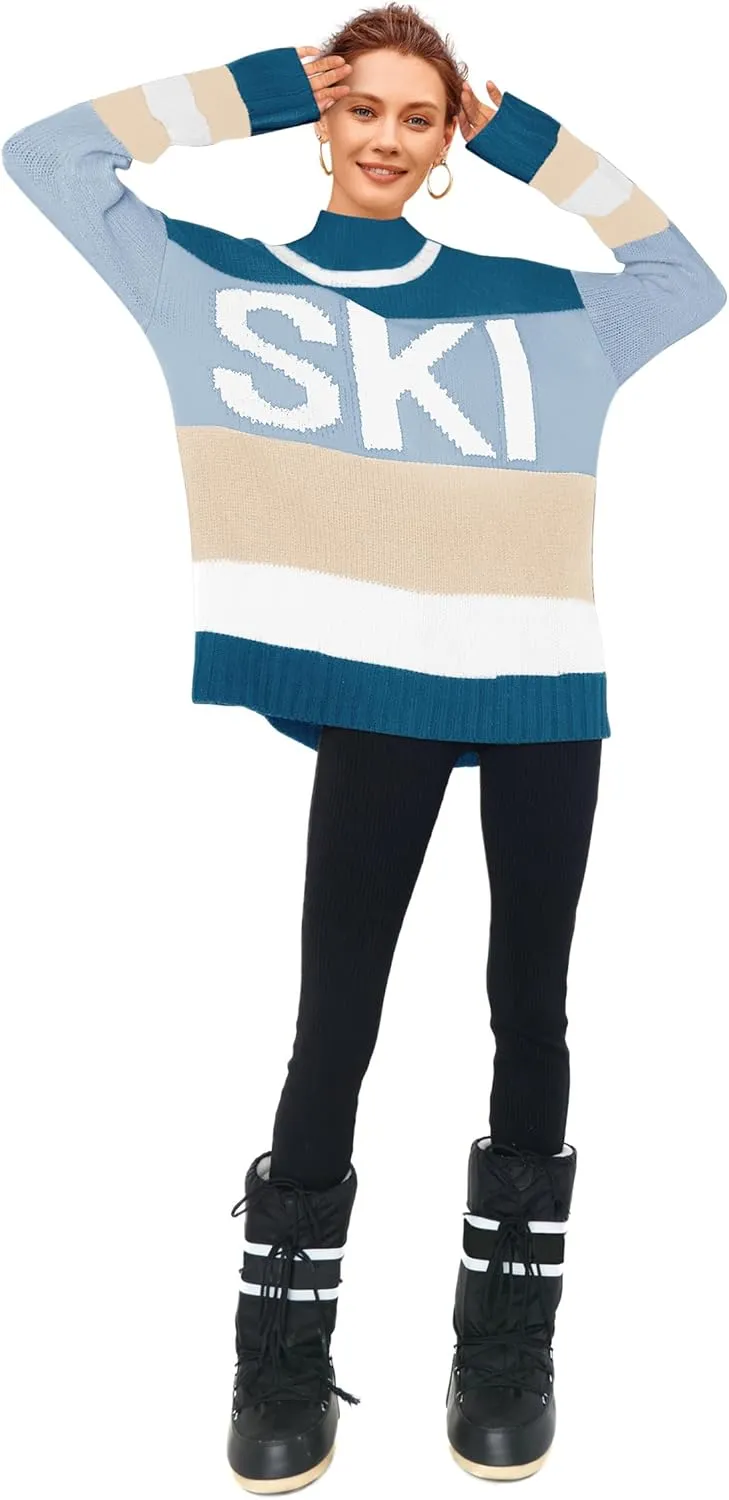Yousify Womens Sweaters Fall 2024 Oversized Color Block Ski Sweater Crewneck Winter Tops S-2XL