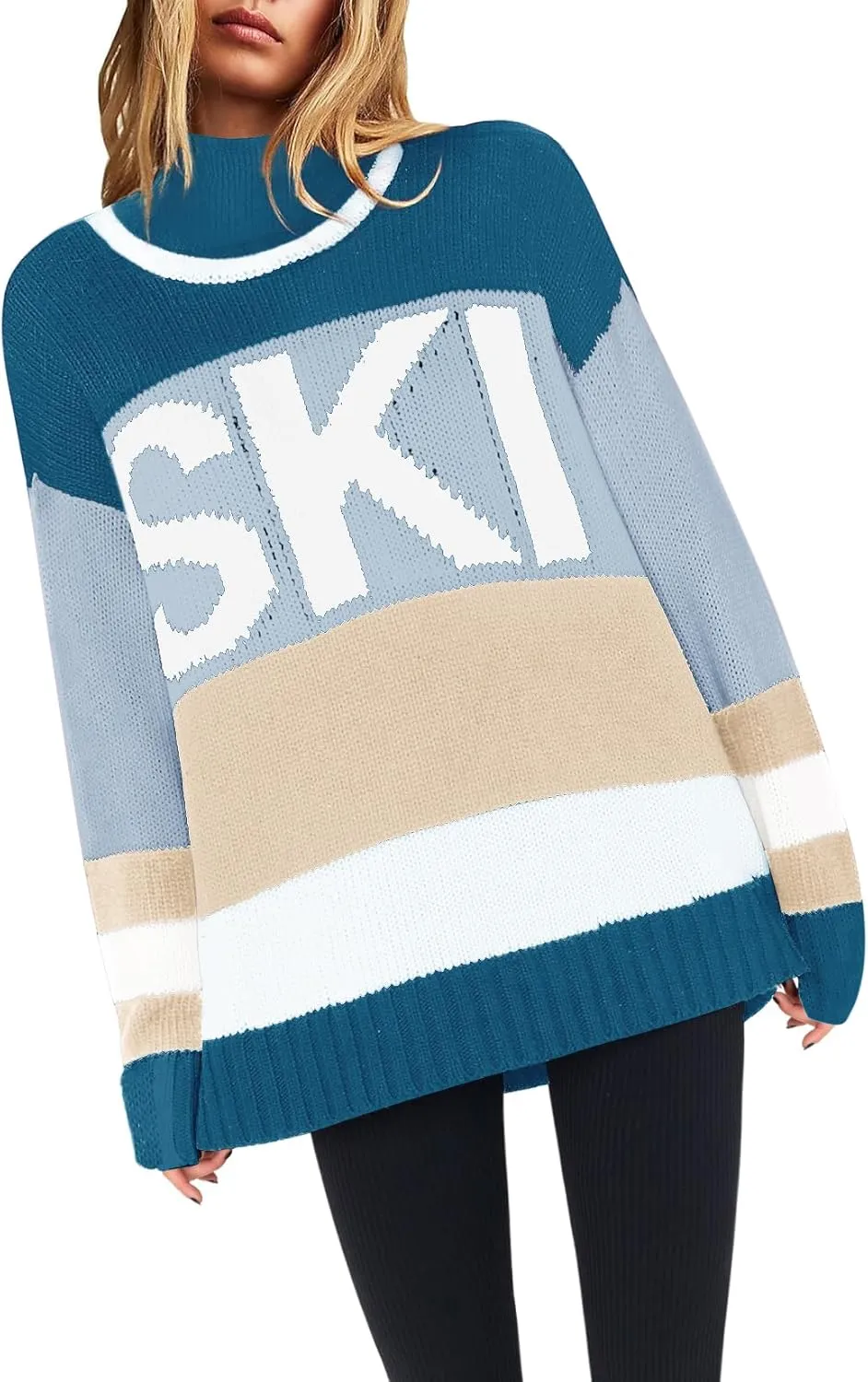Yousify Womens Sweaters Fall 2024 Oversized Color Block Ski Sweater Crewneck Winter Tops S-2XL